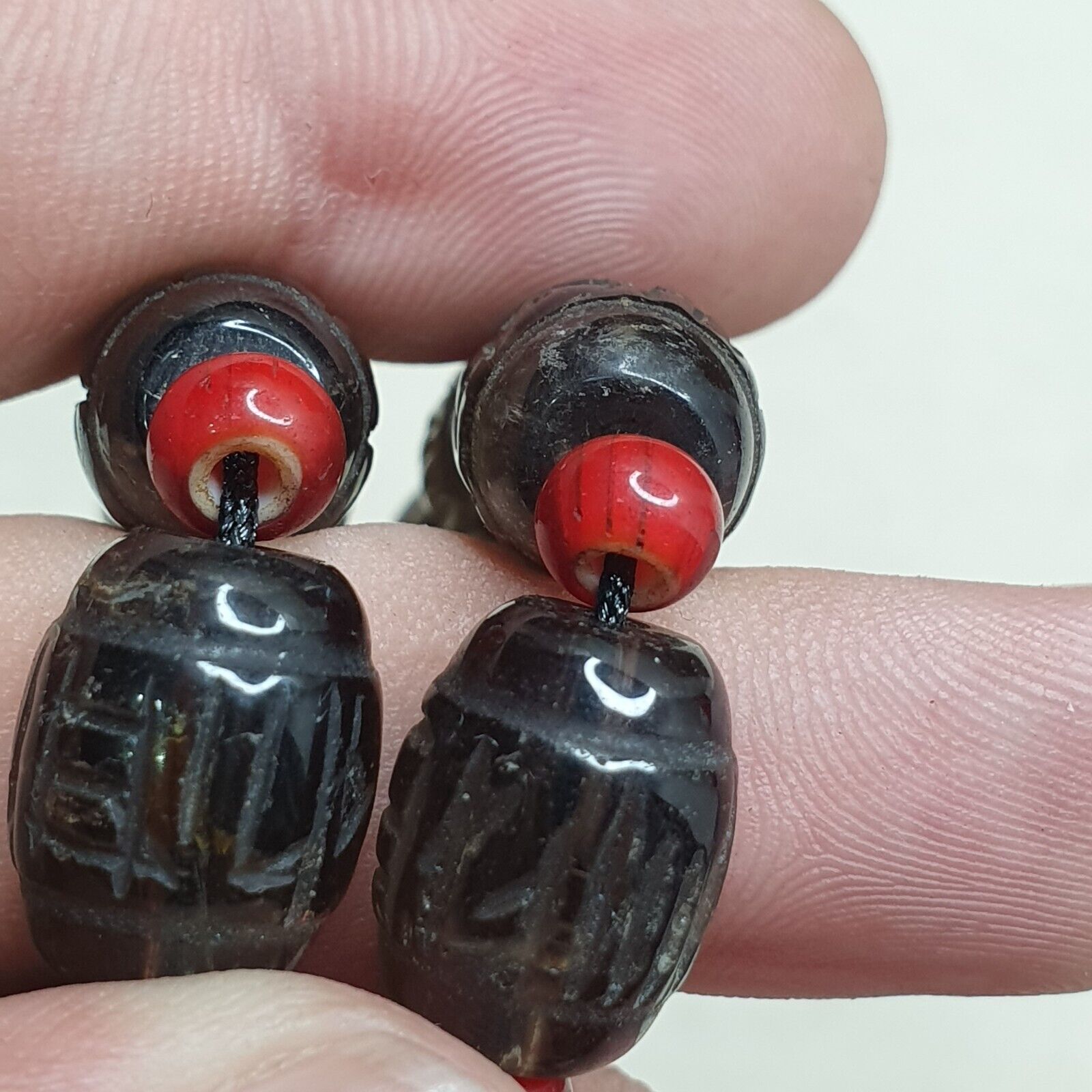 Tibetan antique Carving Smoky Quartz & venetian whiteheart Beads Mala Necklace