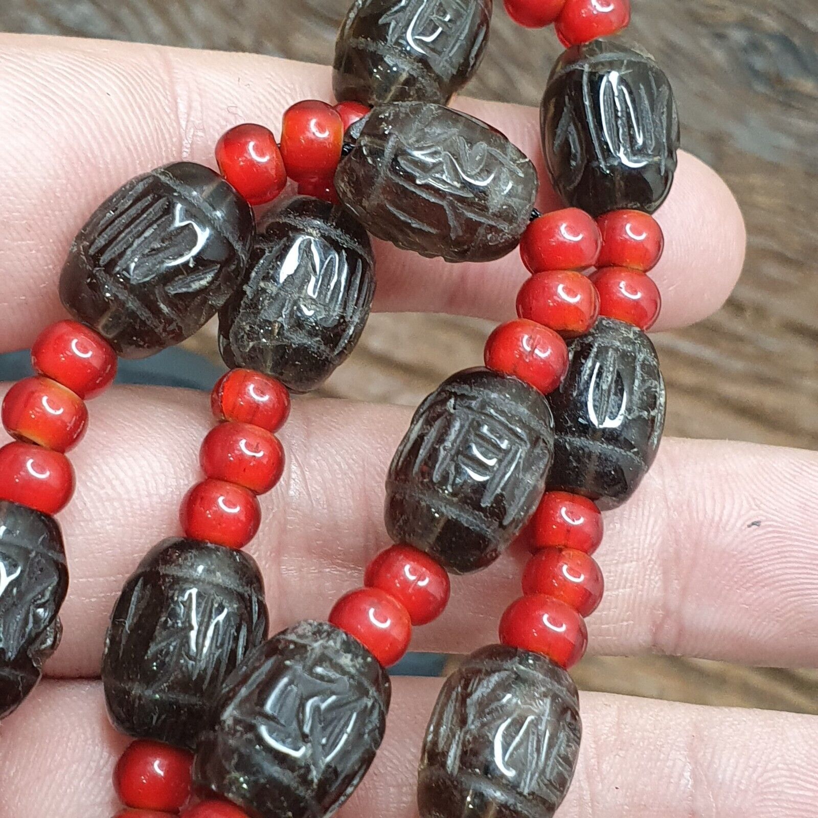 Antique Tibetan Carving Smoky Quartz & venetian whiteheart Beads Mala Necklace
