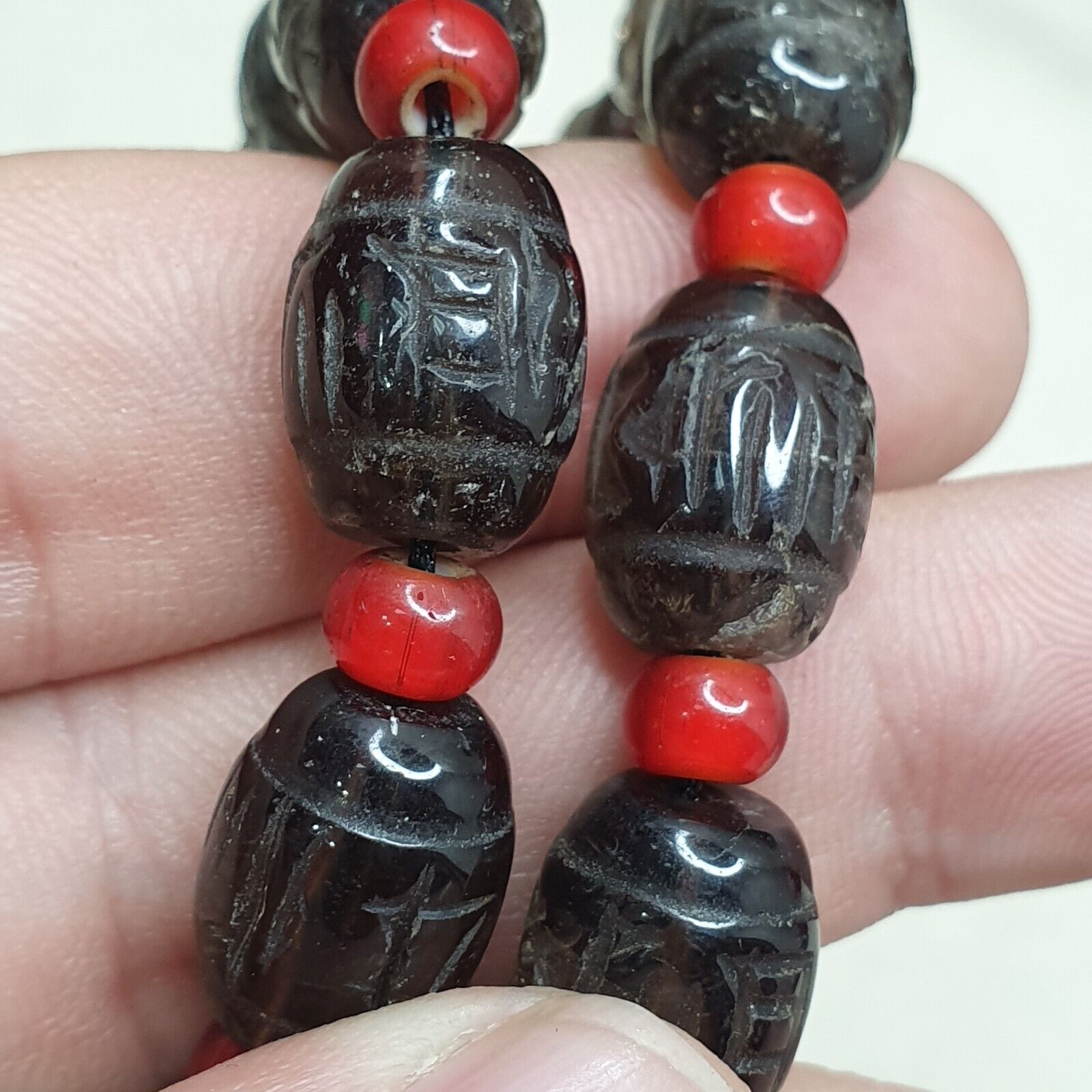Tibetan antique Carving Smoky Quartz & venetian whiteheart Beads Mala Necklace