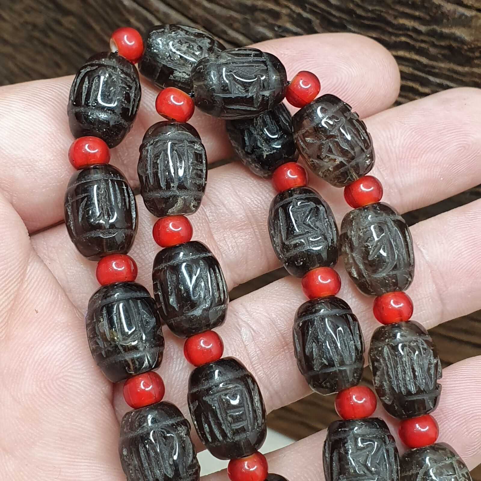 Tibetan antique Carving Smoky Quartz & venetian whiteheart Beads Mala Necklace