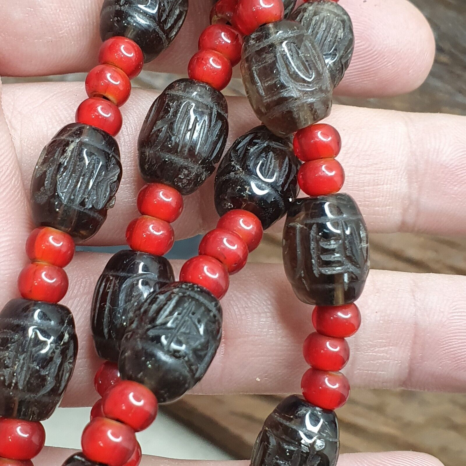 Antique Tibetan Carving Smoky Quartz & venetian whiteheart Beads Mala Necklace