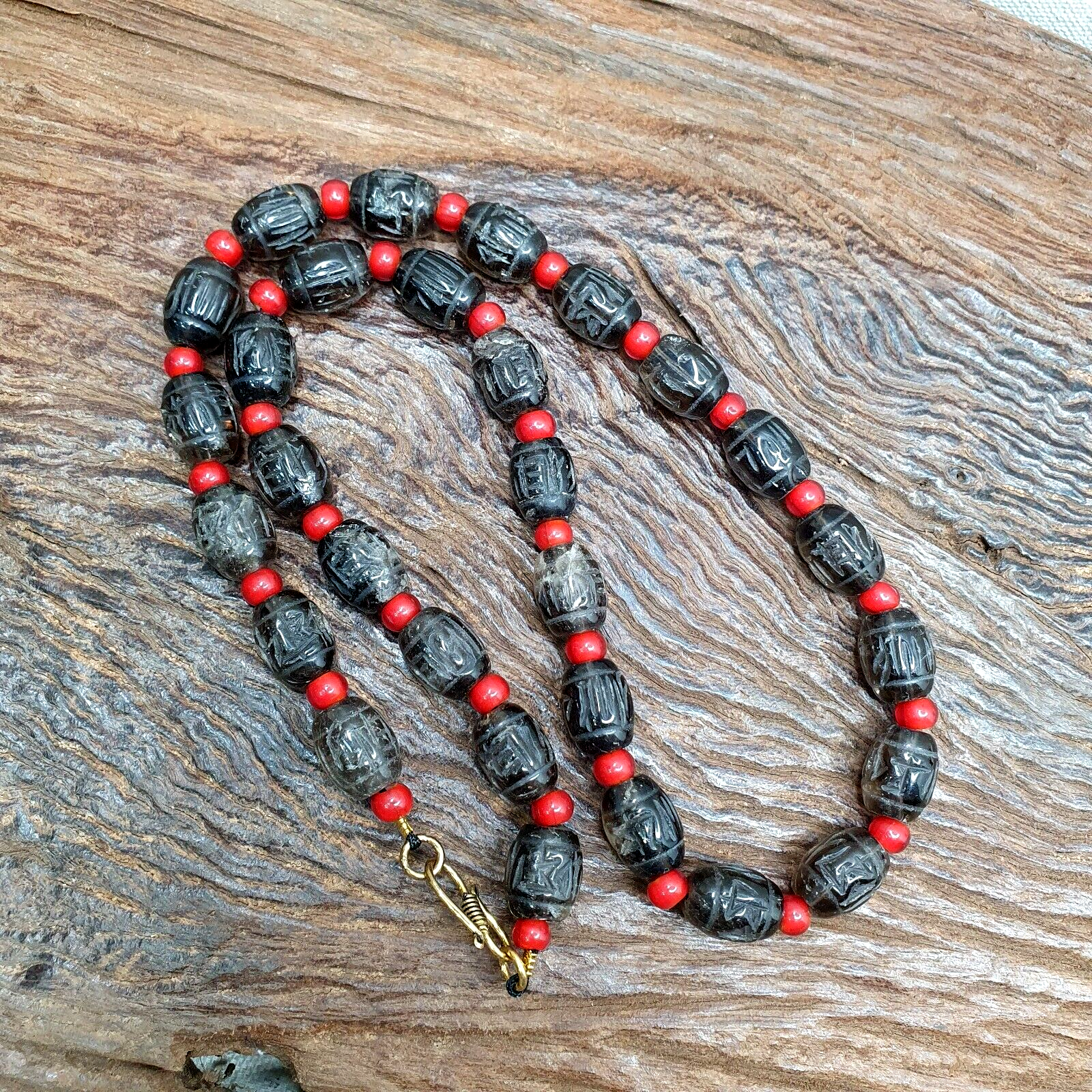 Tibetan antique Carving Smoky Quartz & venetian whiteheart Beads Mala Necklace