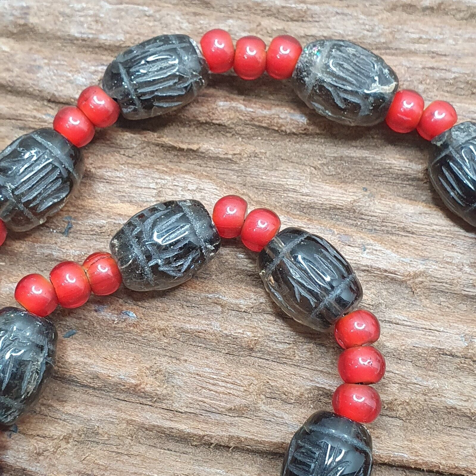 Antique Tibetan Carving Smoky Quartz & venetian whiteheart Beads Mala Necklace