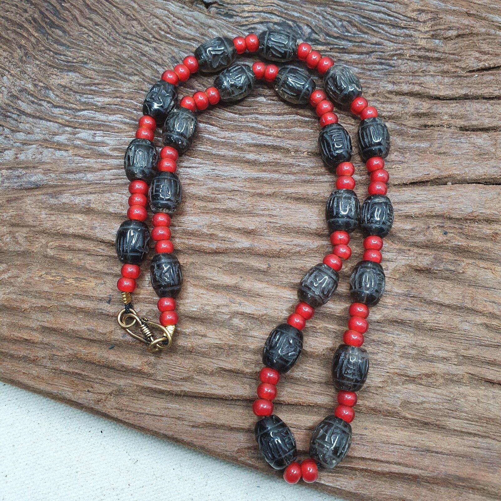 Antique Tibetan Carving Smoky Quartz & venetian whiteheart Beads Mala Necklace