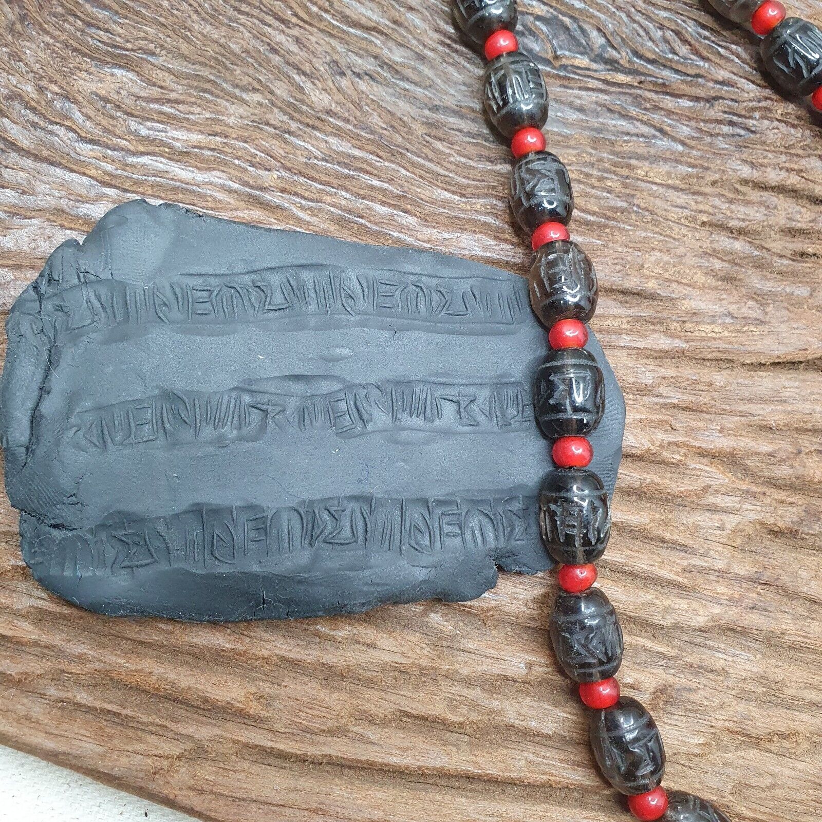 Tibetan antique Carving Smoky Quartz & venetian whiteheart Beads Mala Necklace