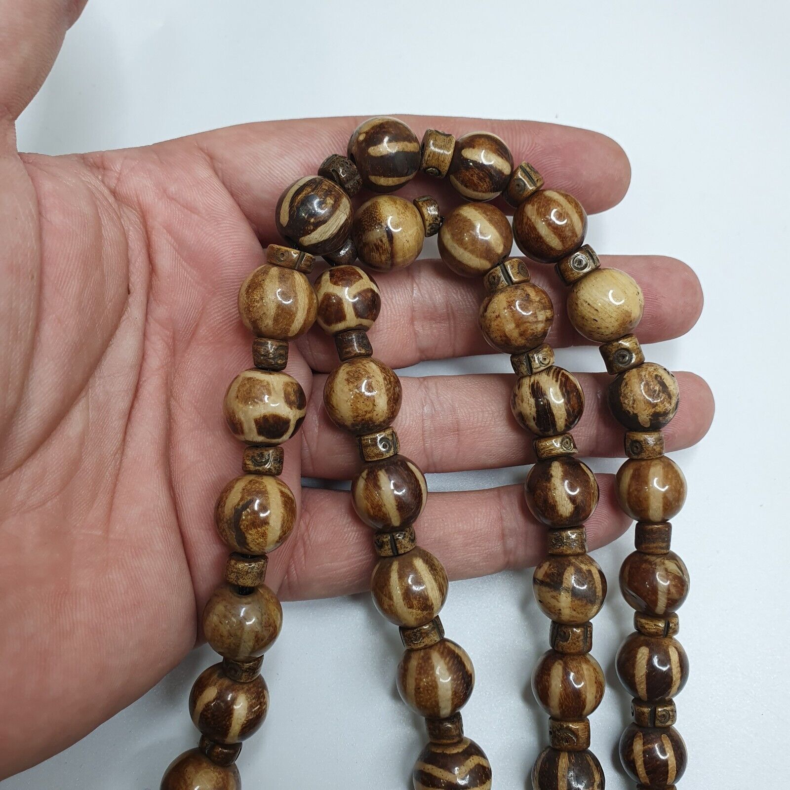 Asian Burmese Old Pumtek Palm Wood Stone beads Strand Long necklace