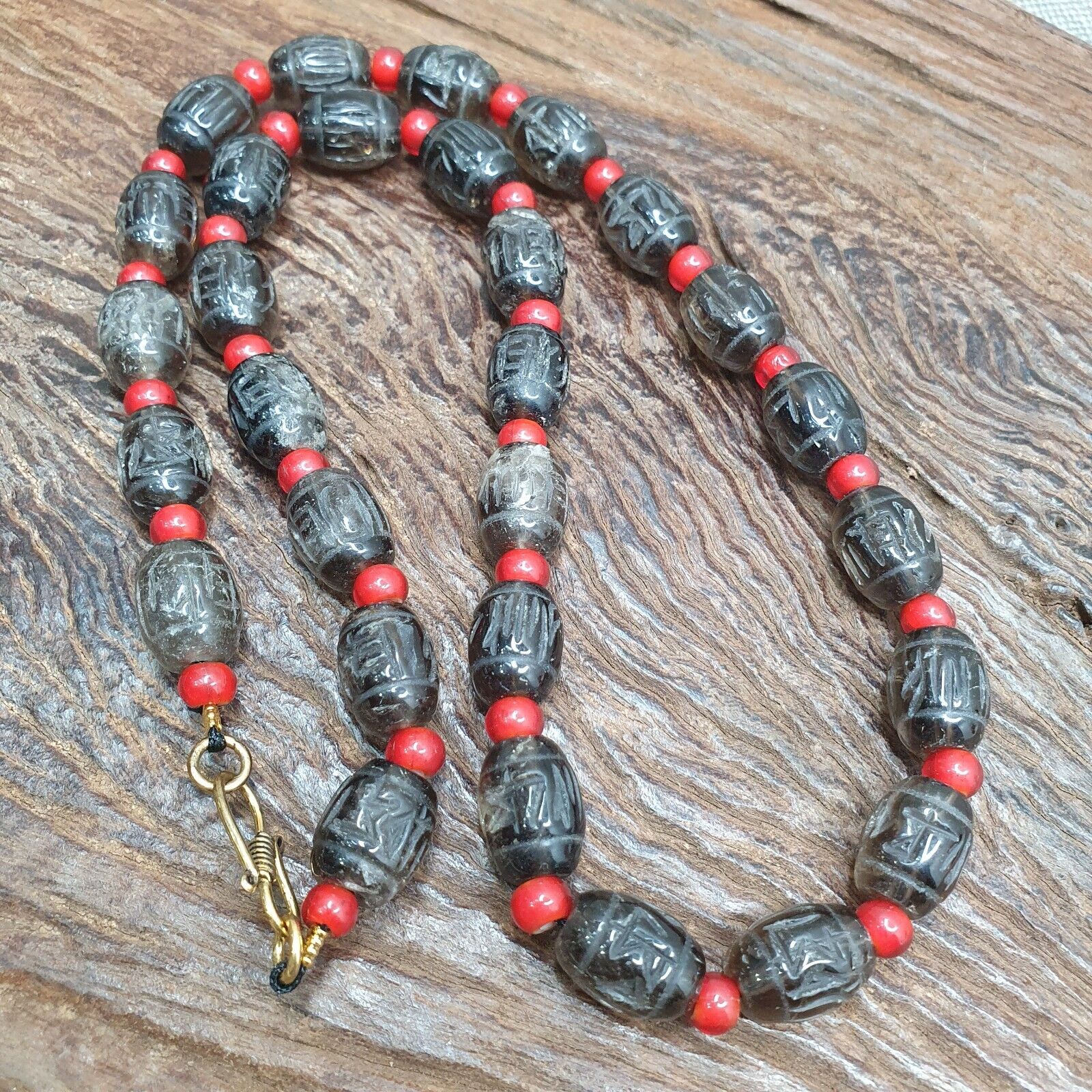 Tibetan antique Carving Smoky Quartz & venetian whiteheart Beads Mala Necklace