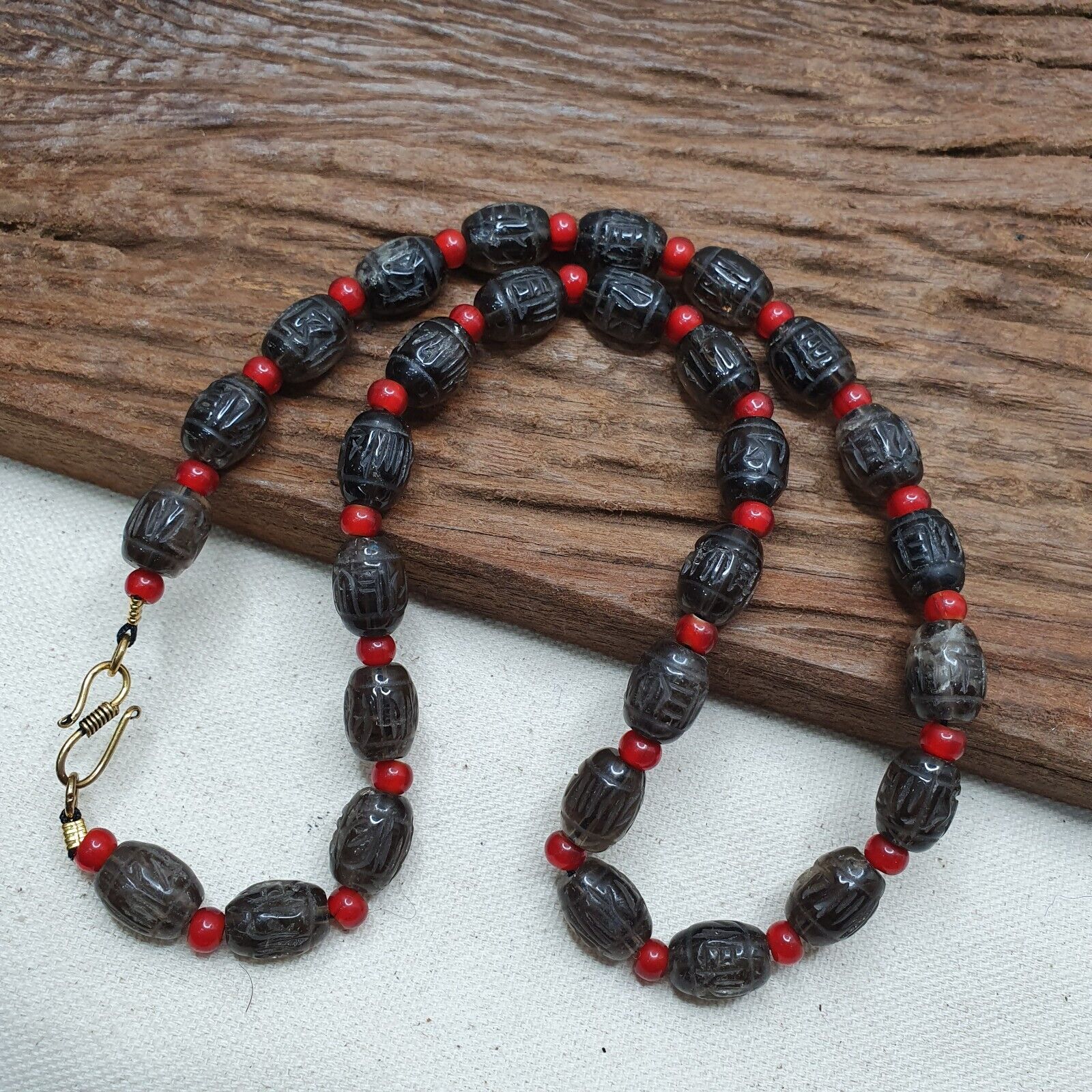 Tibetan antique Carving Smoky Quartz & venetian whiteheart Beads Mala Necklace