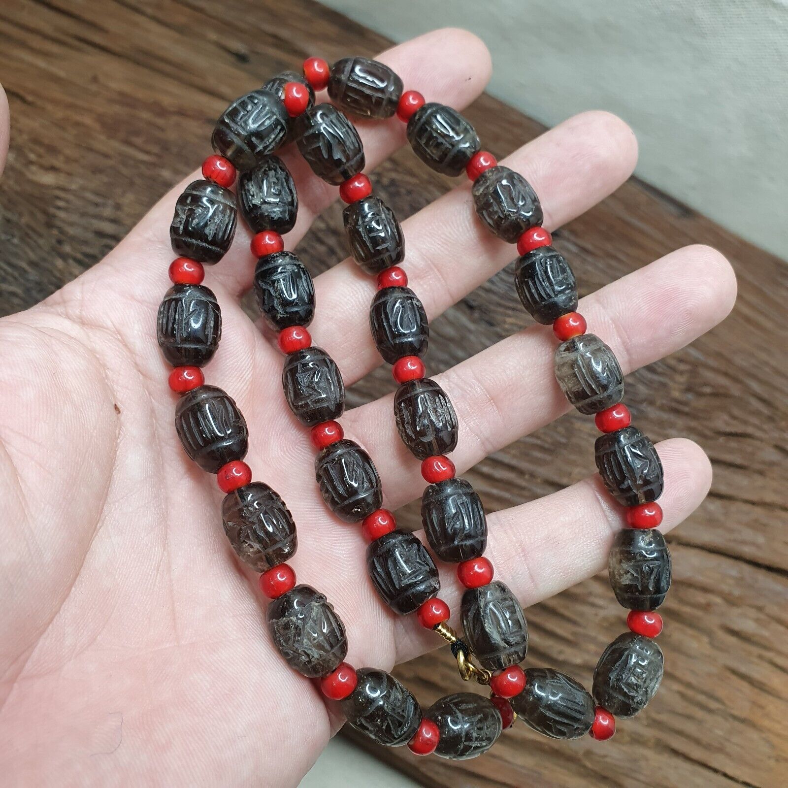 Tibetan antique Carving Smoky Quartz & venetian whiteheart Beads Mala Necklace