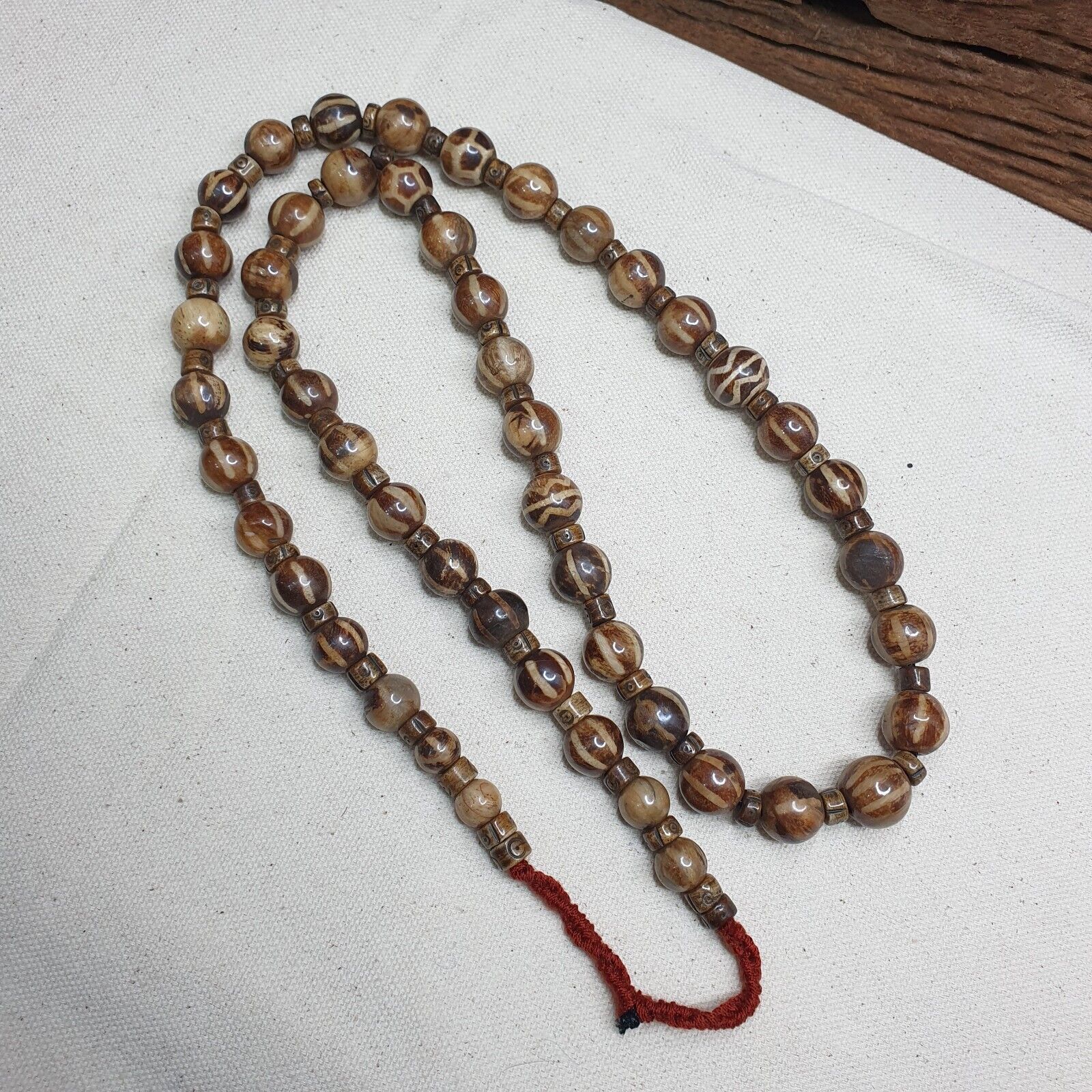 Asian Burmese Old Pumtek Palm Wood Stone beads Strand Long necklace