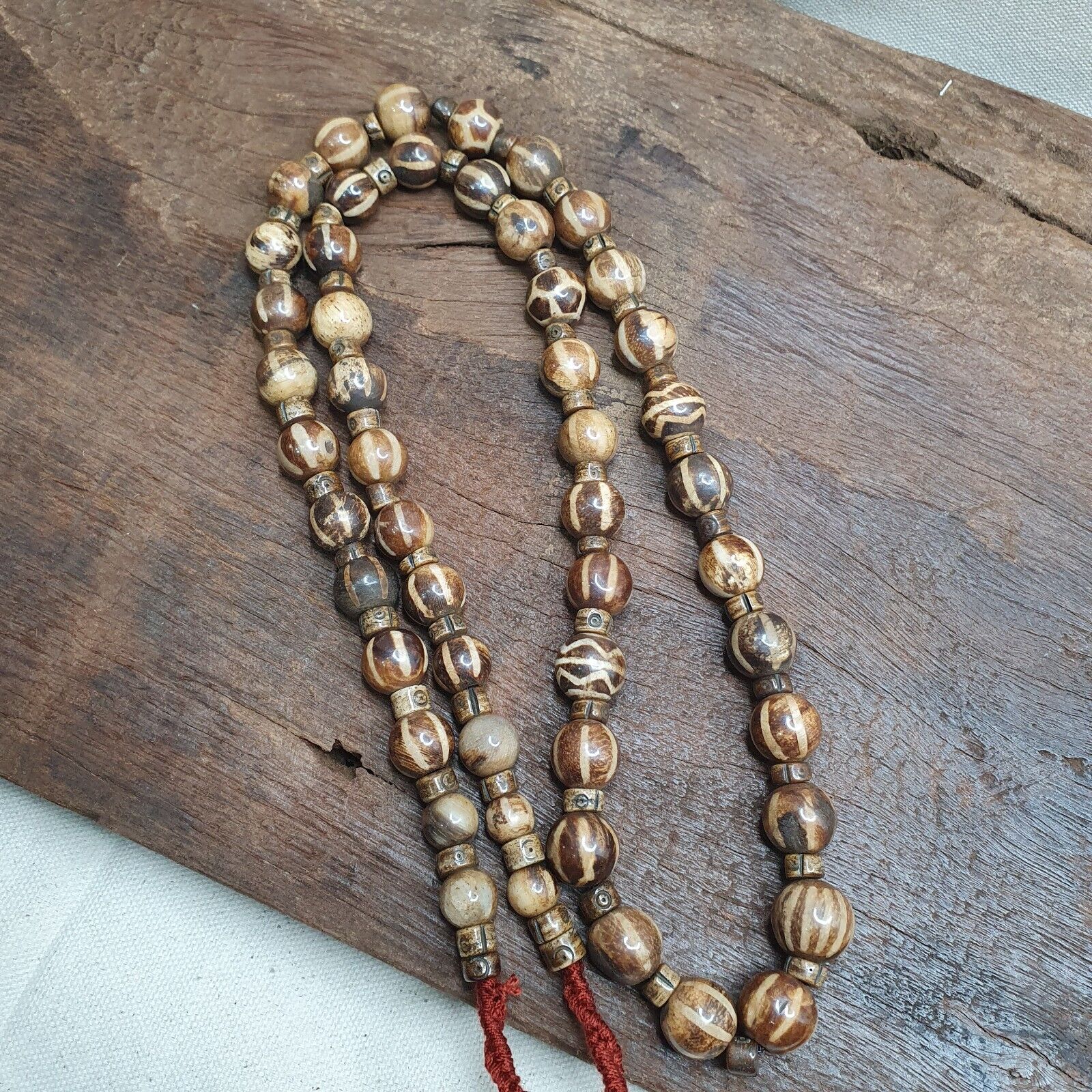 Asian Burmese Old Pumtek Palm Wood Stone beads Strand Long necklace