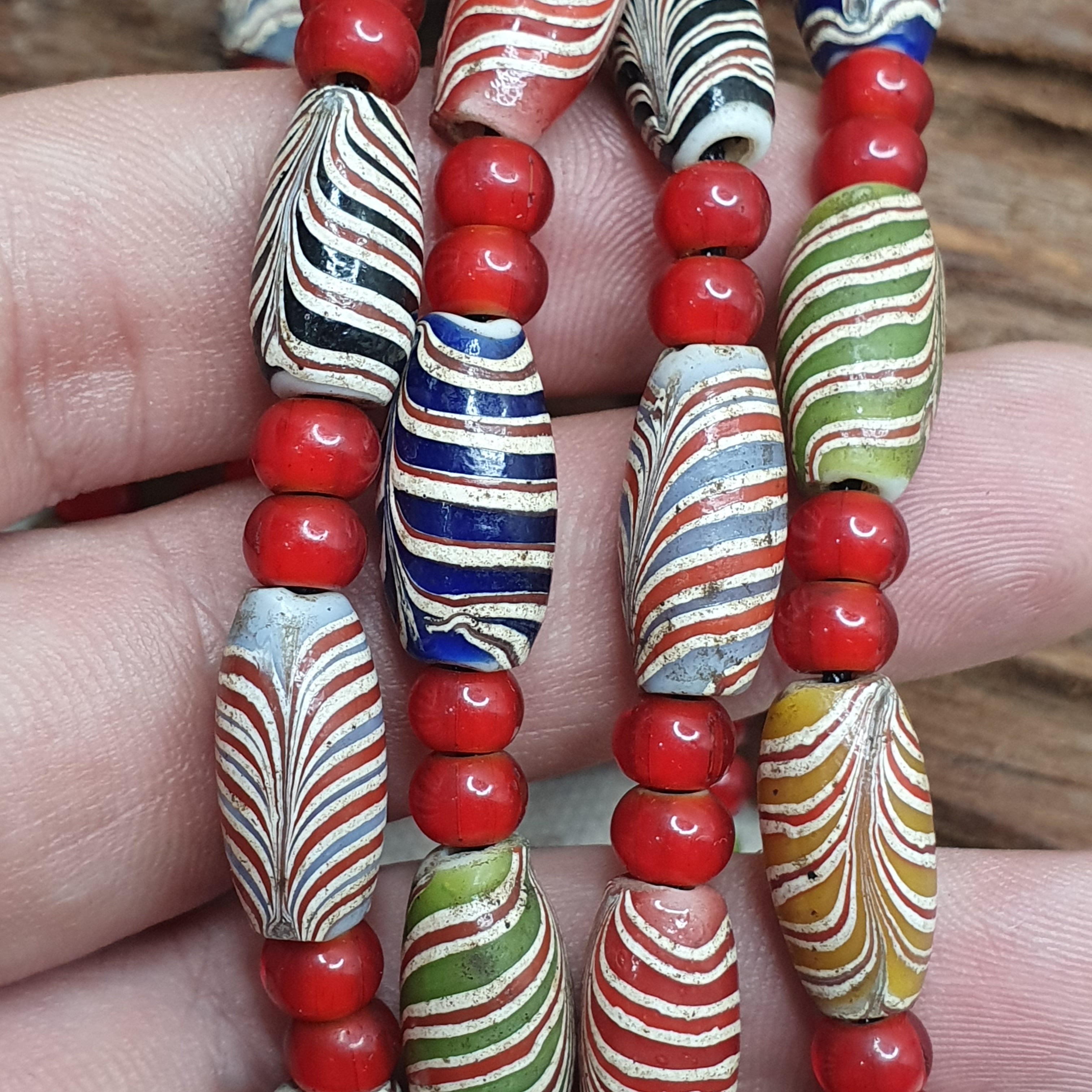 Vintage Fancy Feather and venetian 6mm Whiteheart Beads 18x9.5MM- 24" Necklace