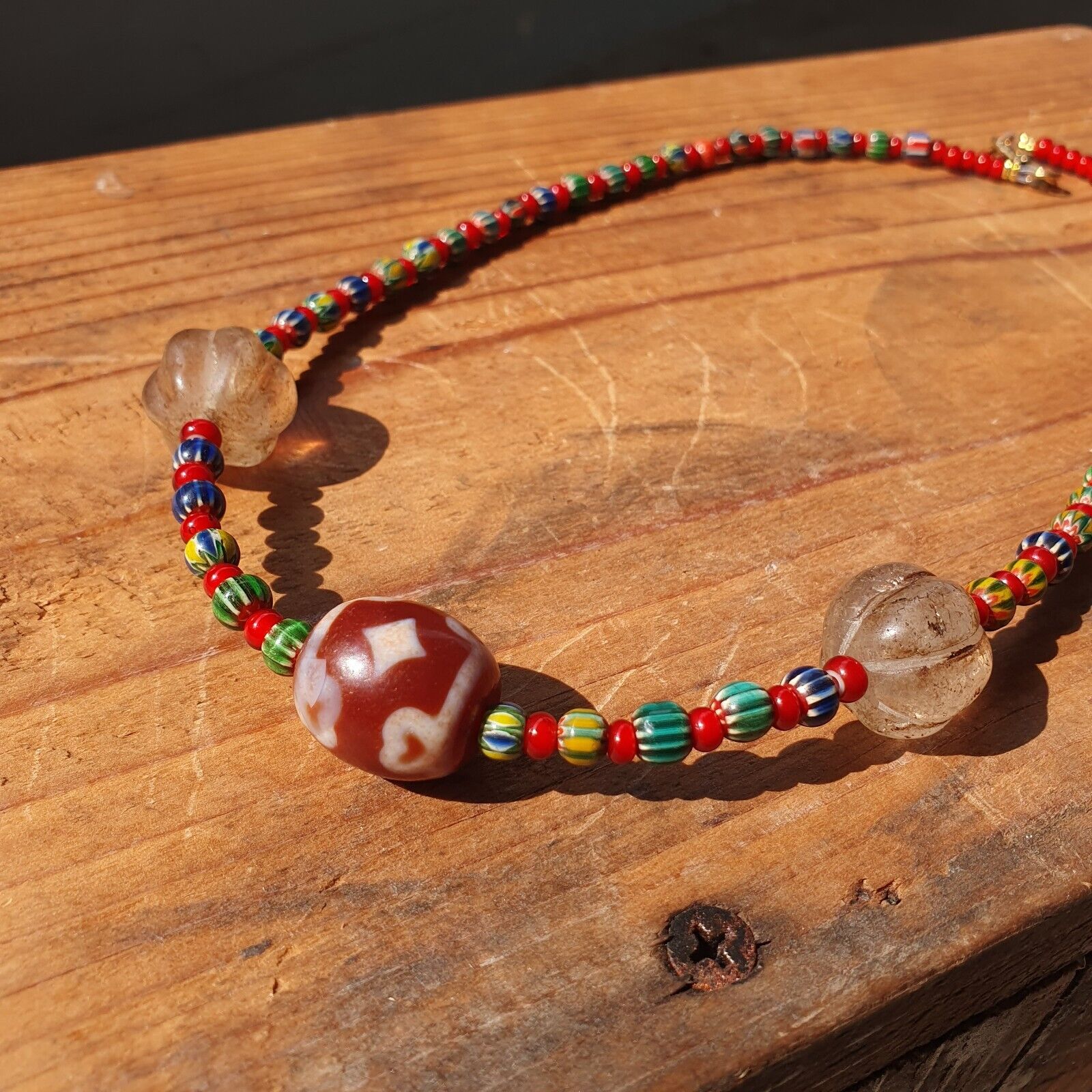 Himalayan Crystals, Chevron & Tibetan Red Agate Dzi Spiritual Amulet necklace