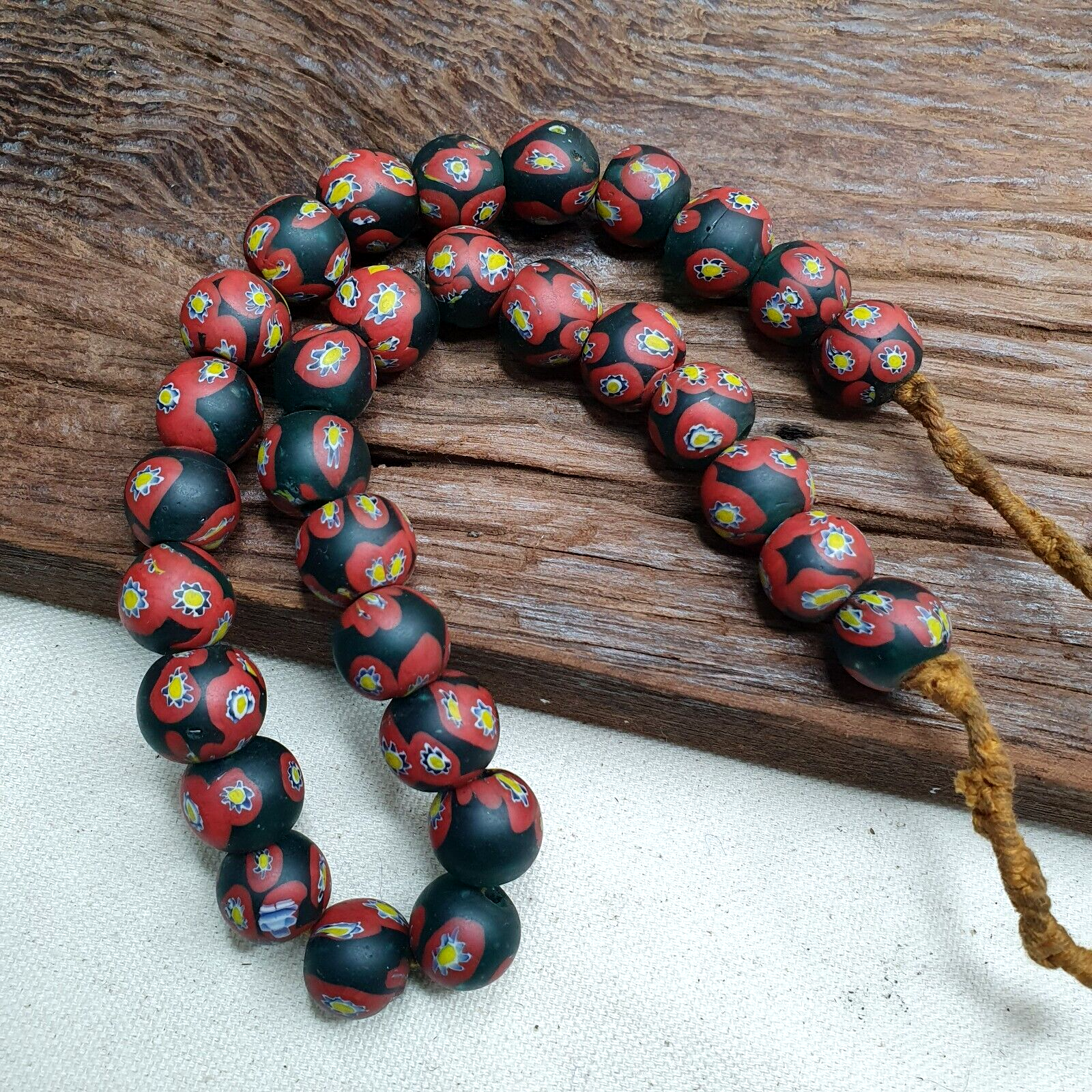 Vintage venetian-African Murano Style Floral red Glass beads Strand 16mm