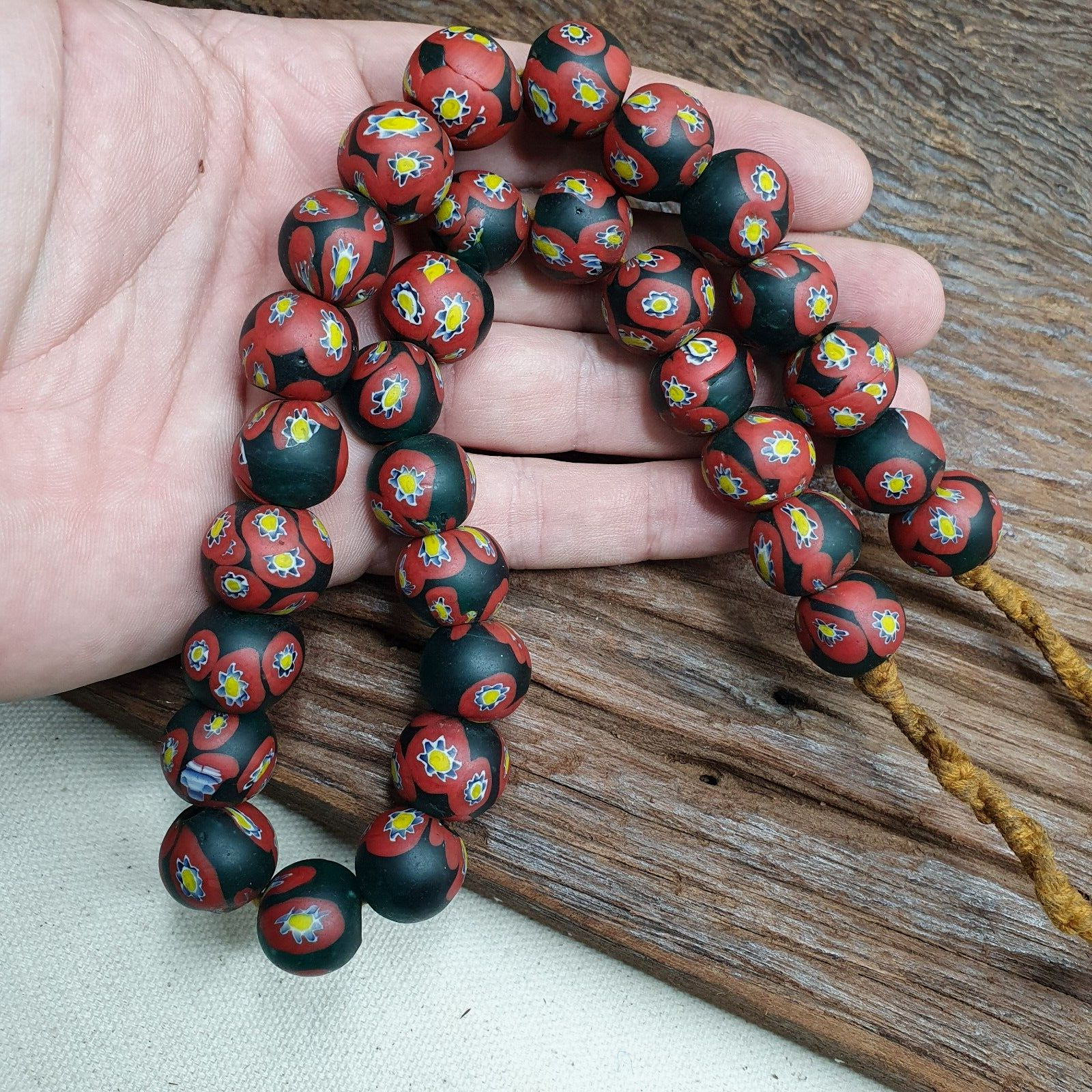 Vintage venetian-African Murano Style Floral red Glass beads Strand 16mm