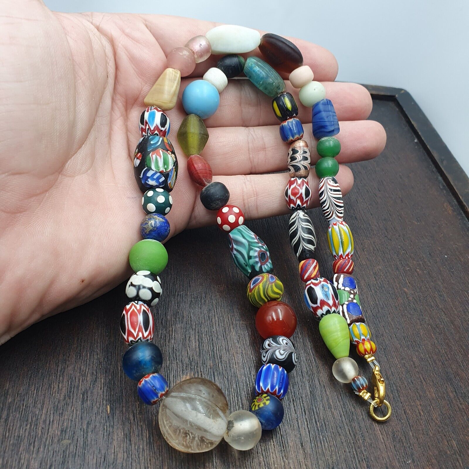 OLD AFRICAN Stone and GLASS BEADS With Big Himalayan crystal Quartz