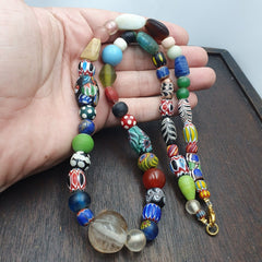 OLD AFRICAN Stone and GLASS BEADS With Big Himalayan crystal Quartz