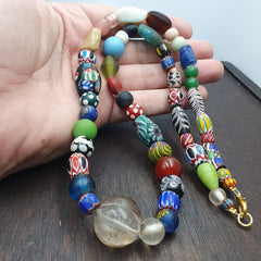 OLD AFRICAN Stone and GLASS BEADS With Big Himalayan crystal Quartz