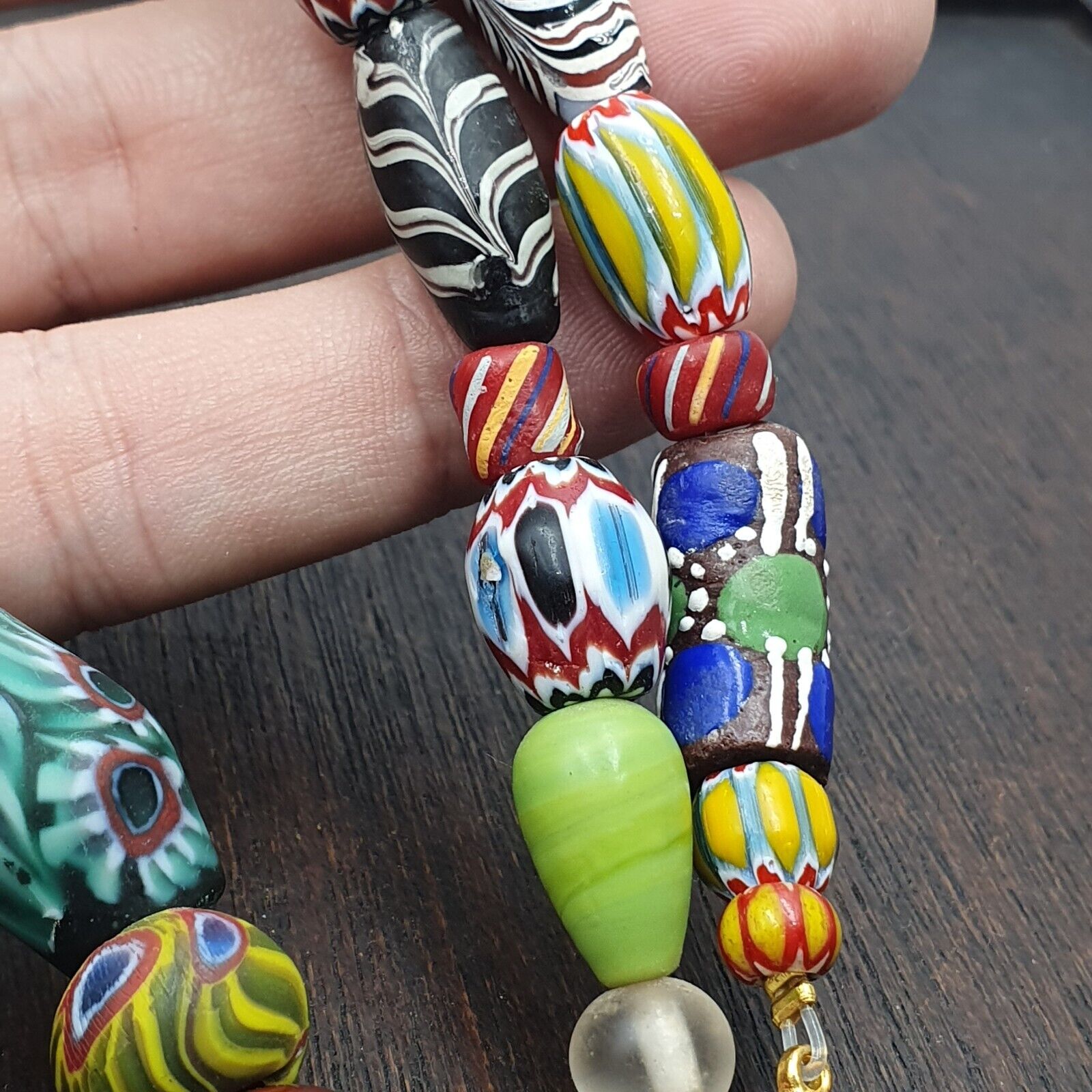 OLD AFRICAN Stone and GLASS BEADS With Big Himalayan crystal Quartz