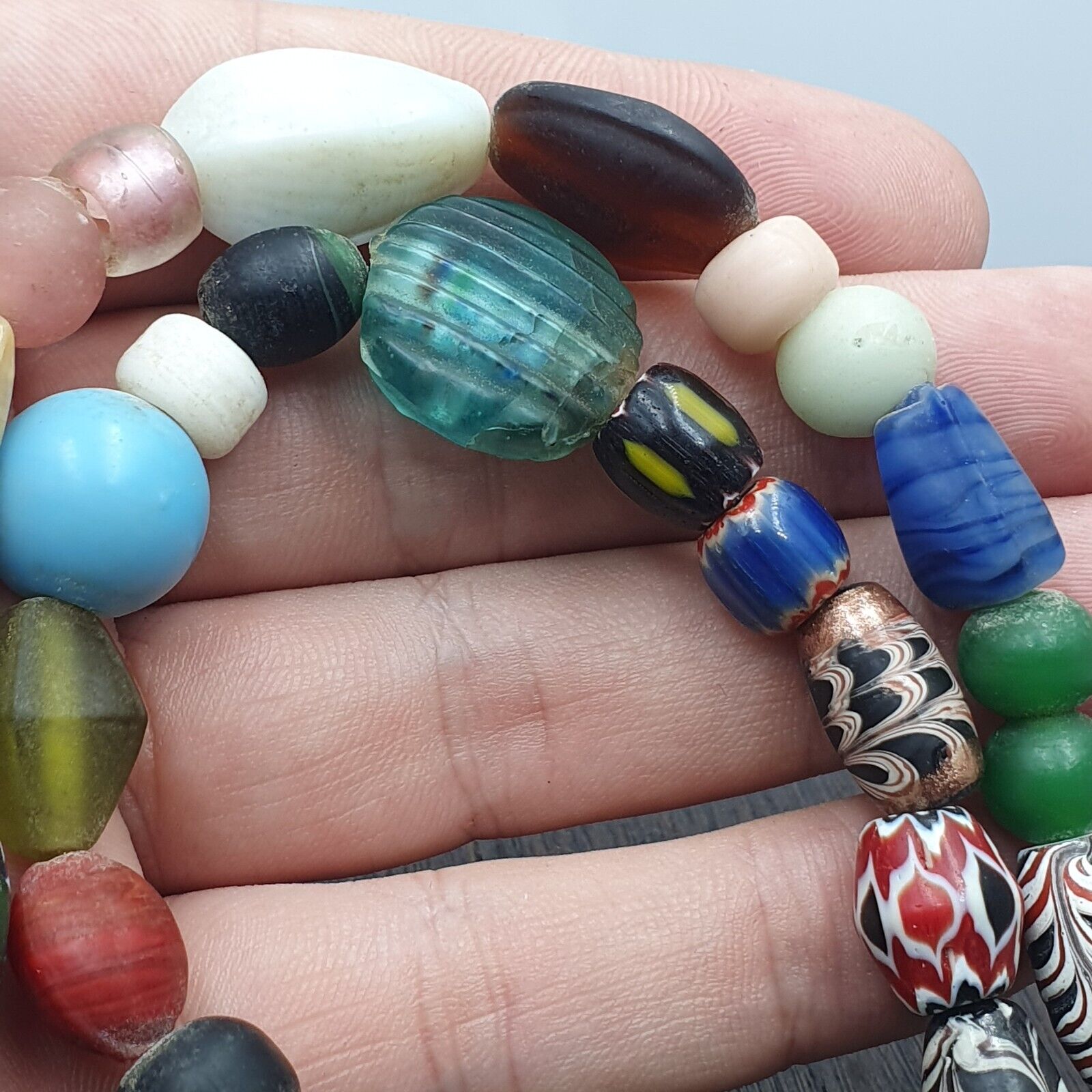 OLD AFRICAN Stone and GLASS BEADS With Big Himalayan crystal Quartz