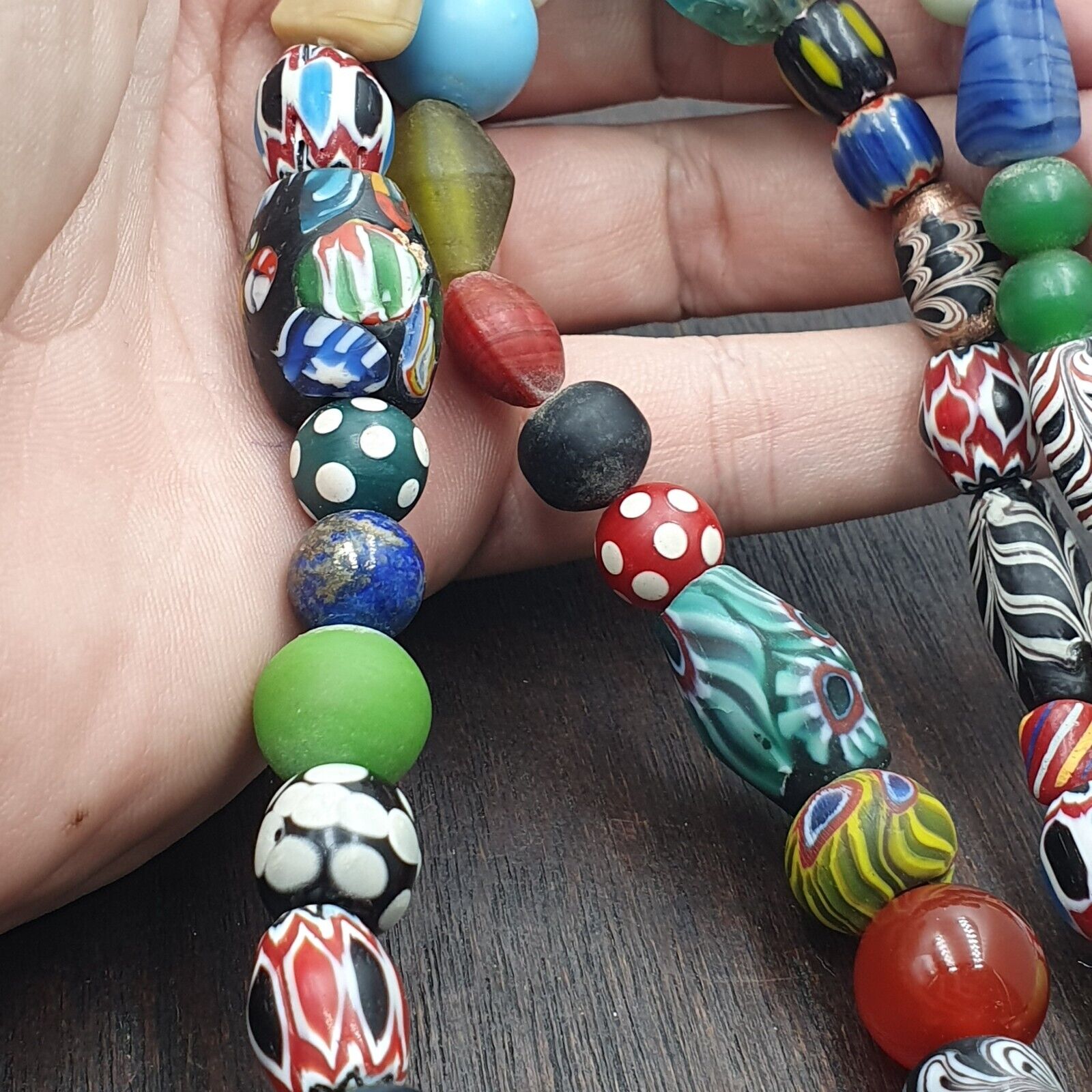 OLD AFRICAN Stone and GLASS BEADS With Big Himalayan crystal Quartz