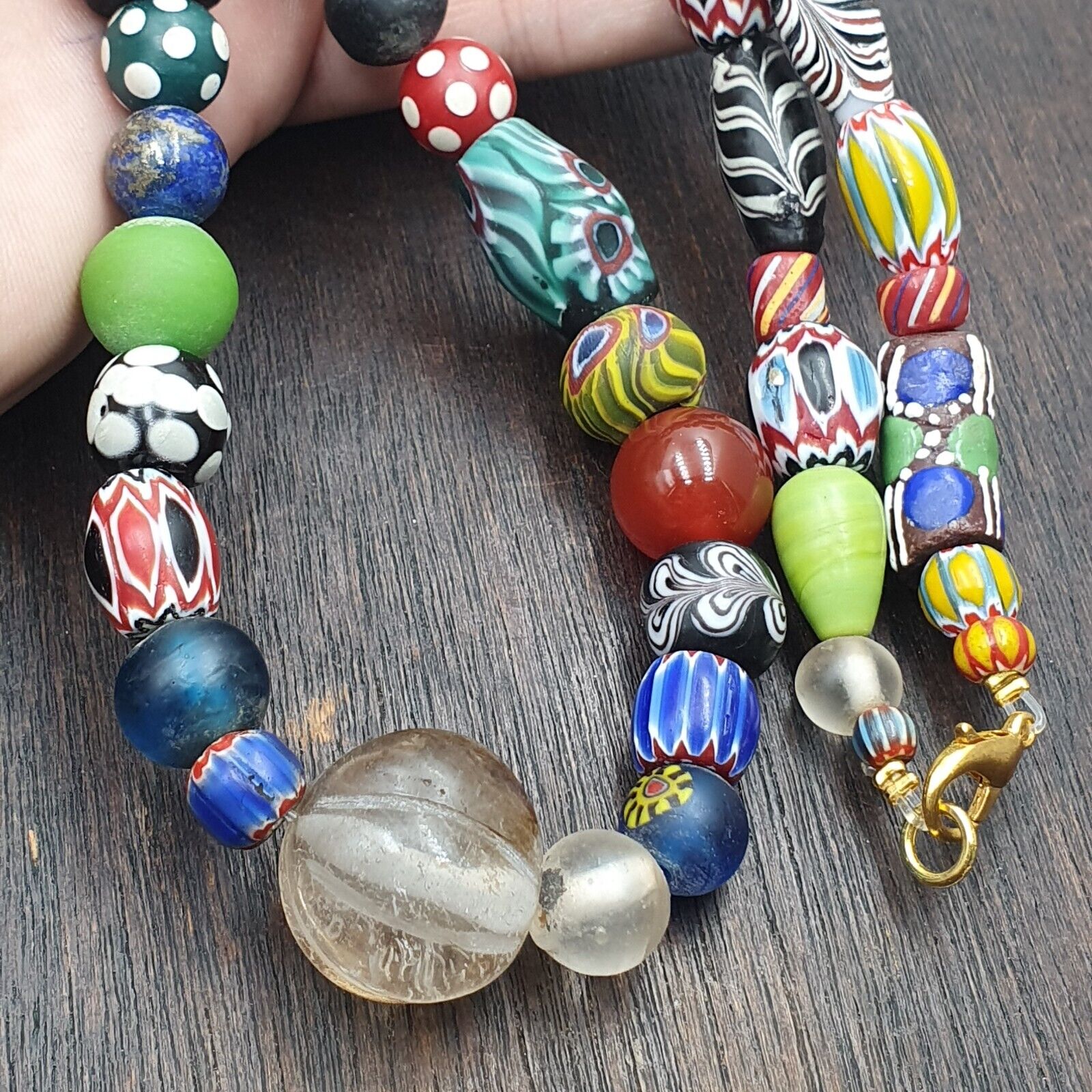OLD AFRICAN Stone and GLASS BEADS With Big Himalayan crystal Quartz