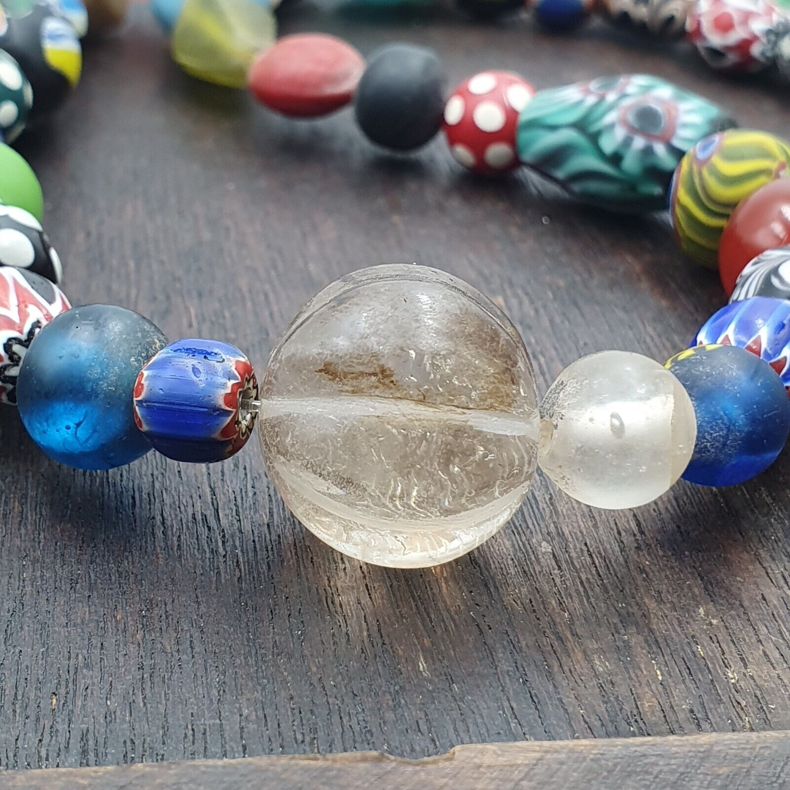 OLD AFRICAN Stone and GLASS BEADS With Big Himalayan crystal Quartz