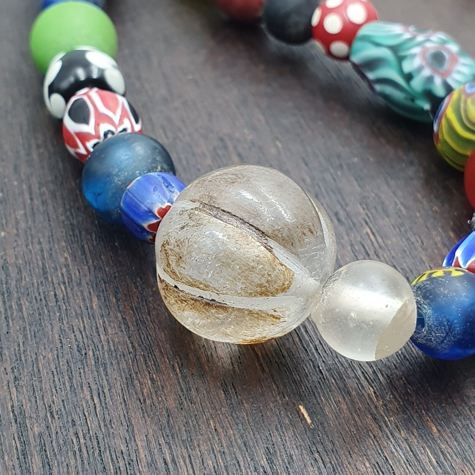 OLD AFRICAN Stone and GLASS BEADS With Big Himalayan crystal Quartz