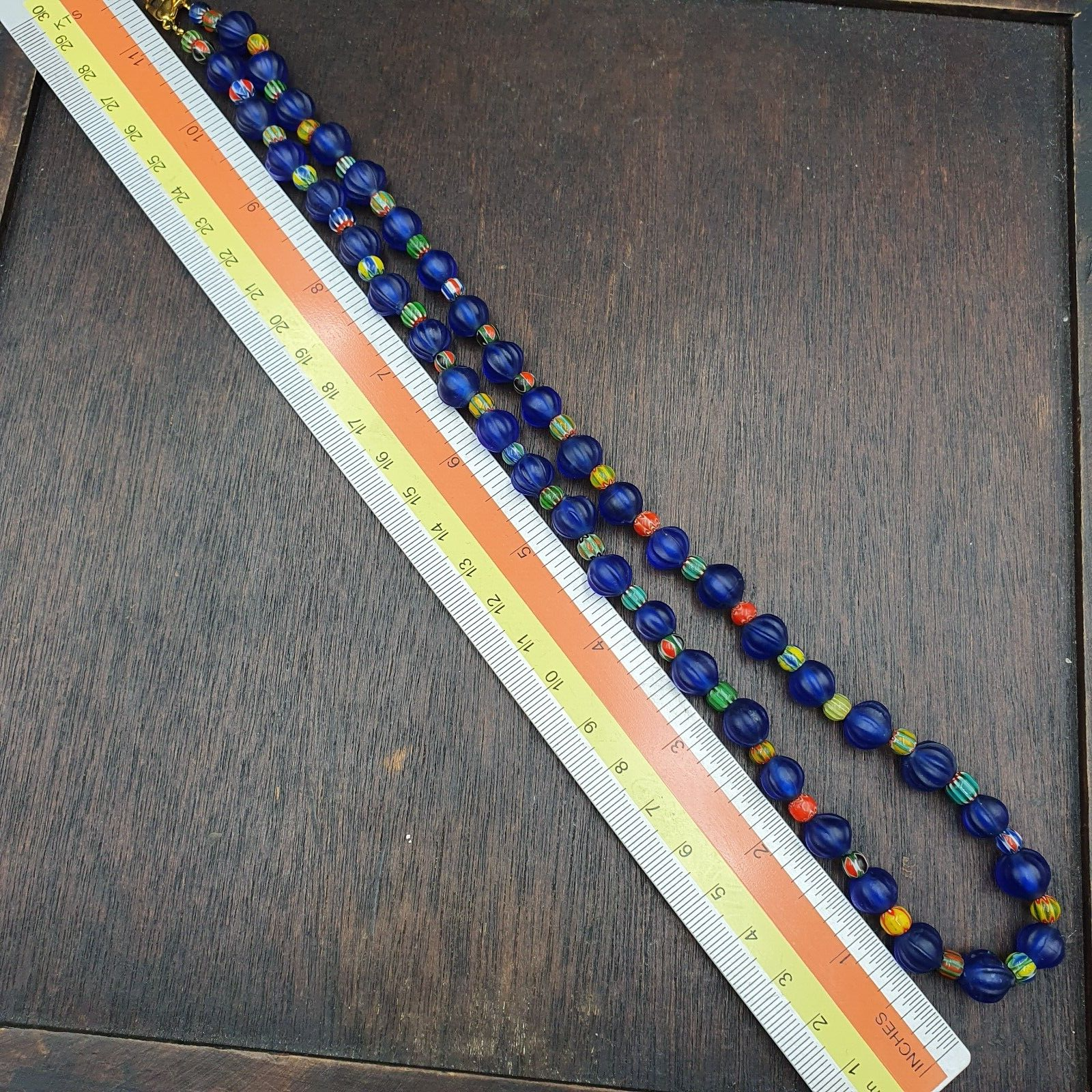 BEAUTIFUL OLD 5mm Chevron & 9 mm cobalt Blue GLASS Vintage BEADS Strand