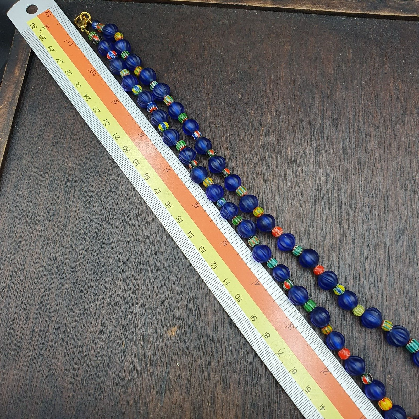 BEAUTIFUL OLD 5mm Chevron & 9 mm cobalt Blue GLASS Vintage BEADS Strand