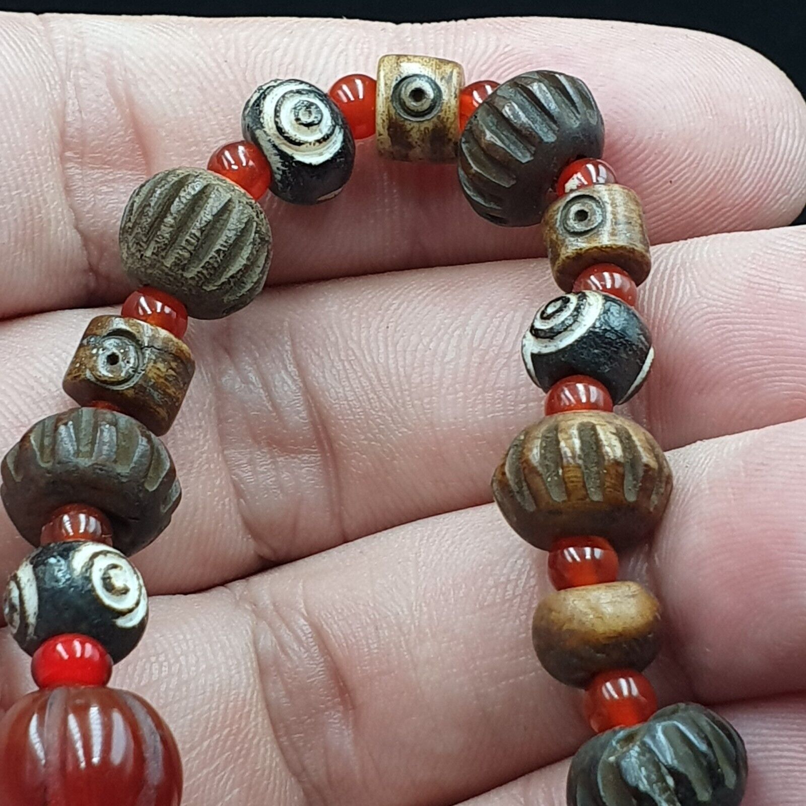ETC-AGT Antique Tibetan Etched Agate Bead Decorated Carnelian Beads Bracelet