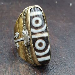 Antique Silver Inlay brass Ring With Tibetan Dzi Agate Center Stone