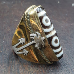 Antique Silver Inlay brass Ring With Tibetan Dzi Agate Center Stone