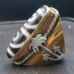 Antique Silver Inlay brass Ring With Tibetan Dzi Agate Center Stone