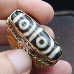 Antique Silver Inlay brass Ring With Tibetan Dzi Agate Center Stone