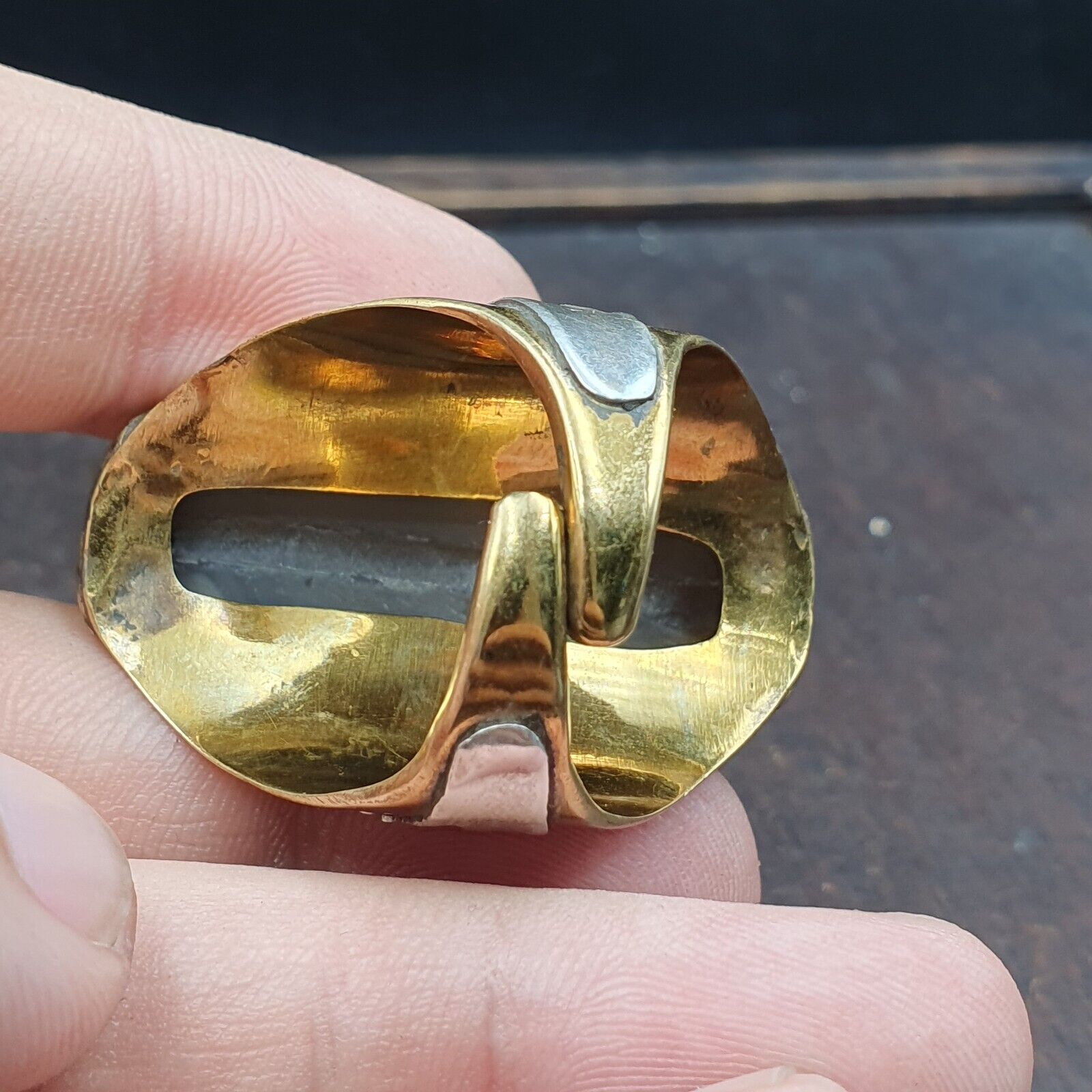 Antique Silver Inlay brass Ring With Tibetan Dzi Agate Center Stone