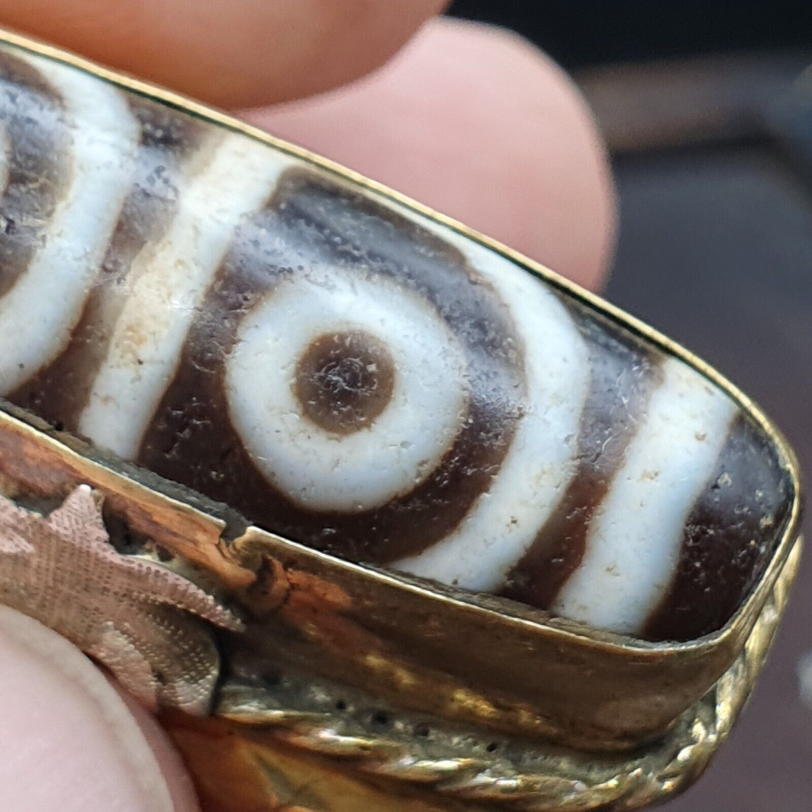 Antique Silver Inlay brass Ring With Tibetan Dzi Agate Center Stone