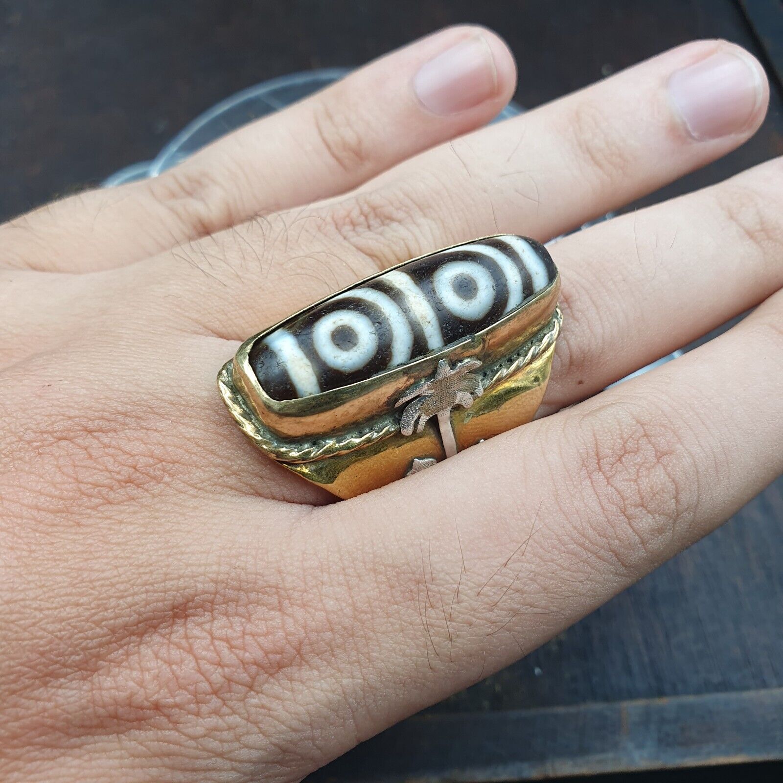 Antique Silver Inlay brass Ring With Tibetan Dzi Agate Center Stone
