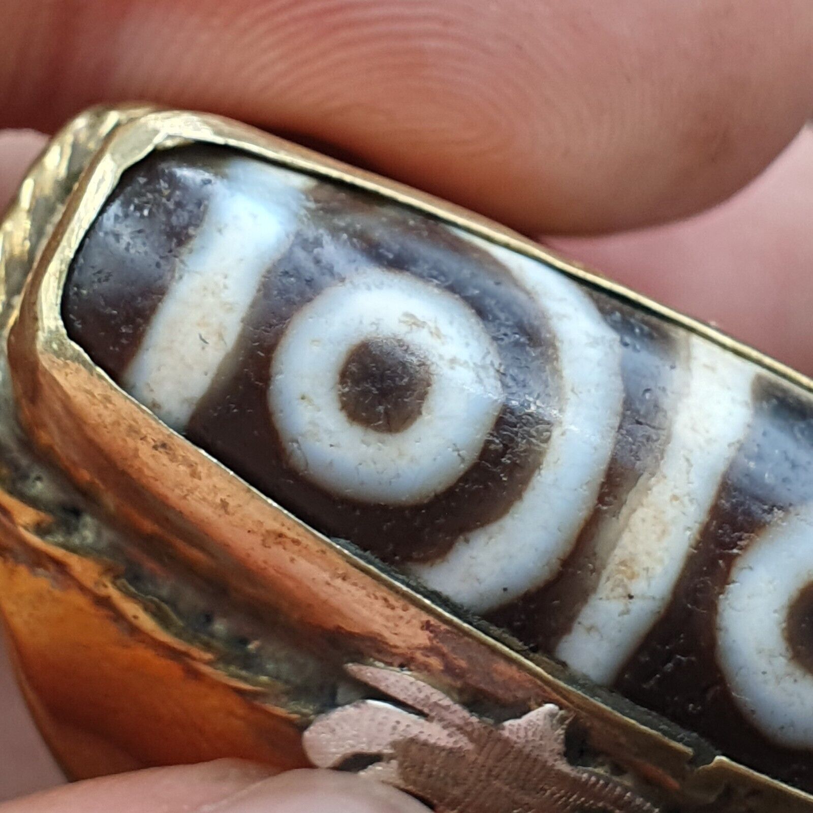 Antique Silver Inlay brass Ring With Tibetan Dzi Agate Center Stone