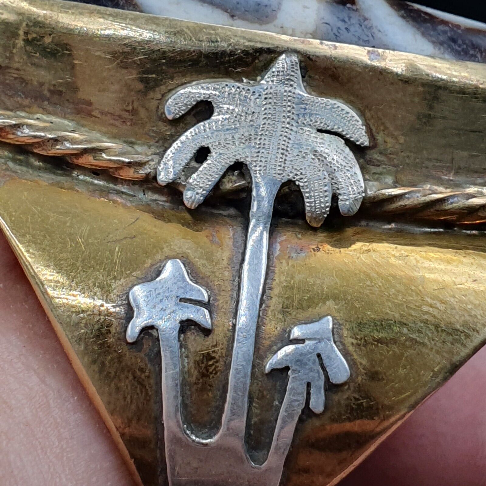 Antique Silver Inlay brass Ring With Tibetan Dzi Agate Center Stone