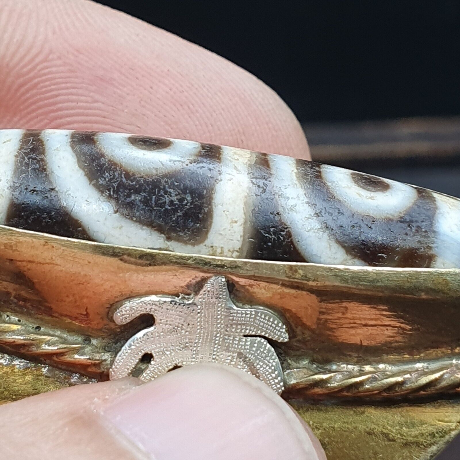 Antique Silver Inlay brass Ring With Tibetan Dzi Agate Center Stone
