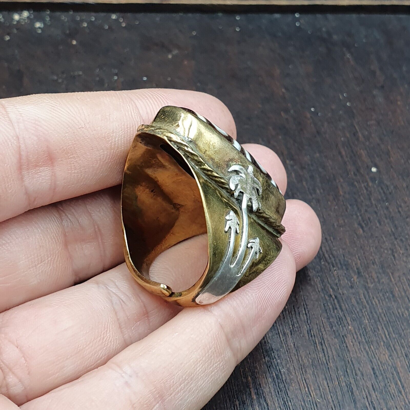 Antique Silver Inlay brass Ring With Tibetan Dzi Agate Center Stone
