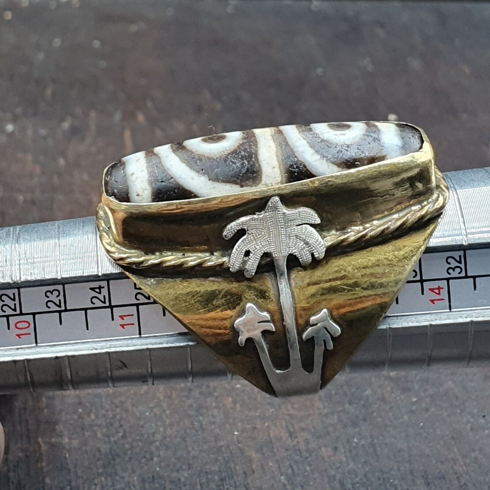 Antique Silver Inlay brass Ring With Tibetan Dzi Agate Center Stone