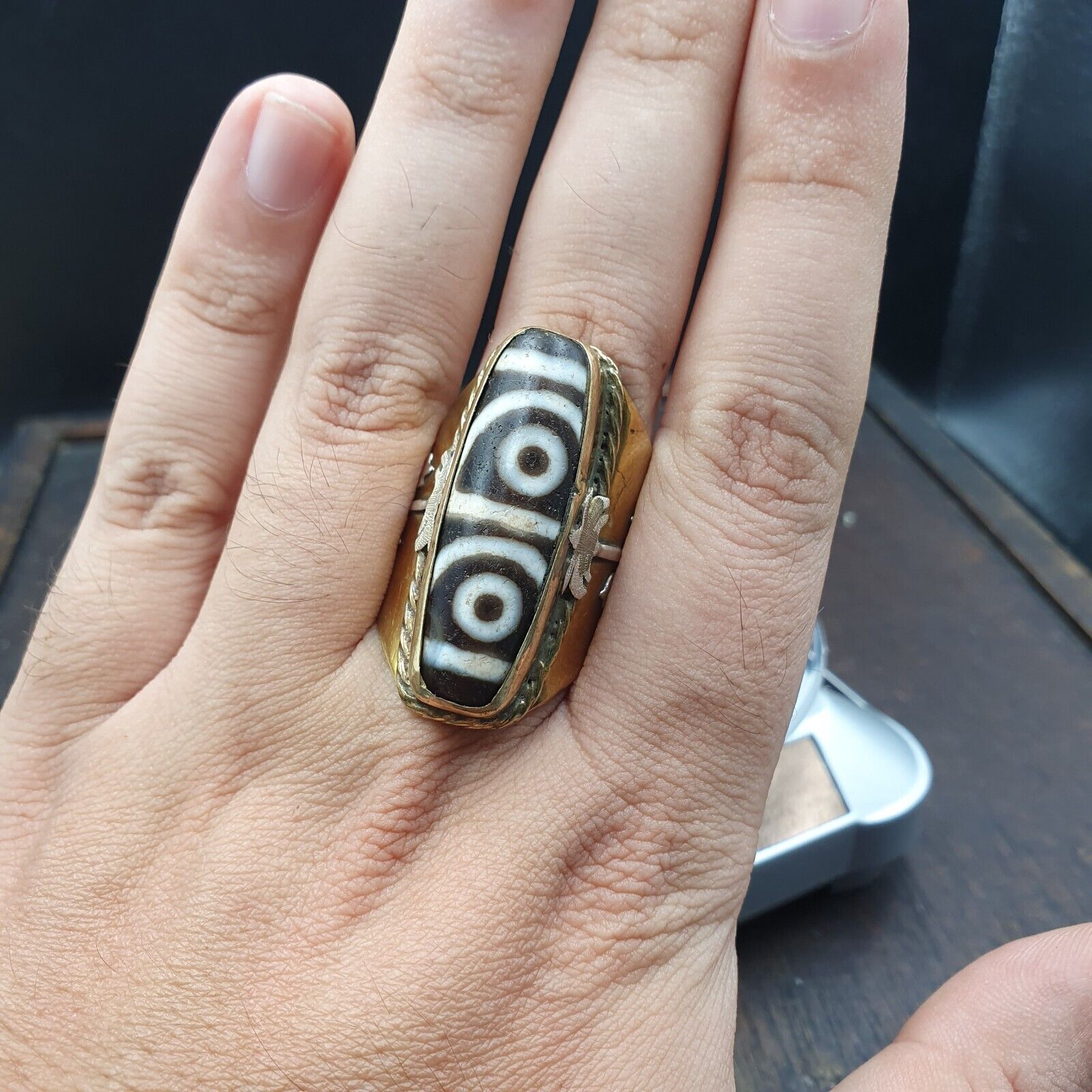 Antique Silver Inlay brass Ring With Tibetan Dzi Agate Center Stone