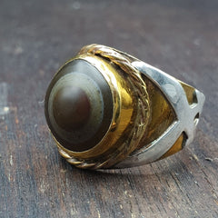 Antique Silver Inlay brass Ring With Tibetan Eye Agate Center Stone Gold Plated