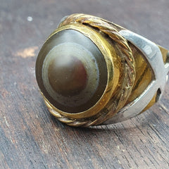 Antique Silver Inlay brass Ring With Tibetan Eye Agate Center Stone Gold Plated