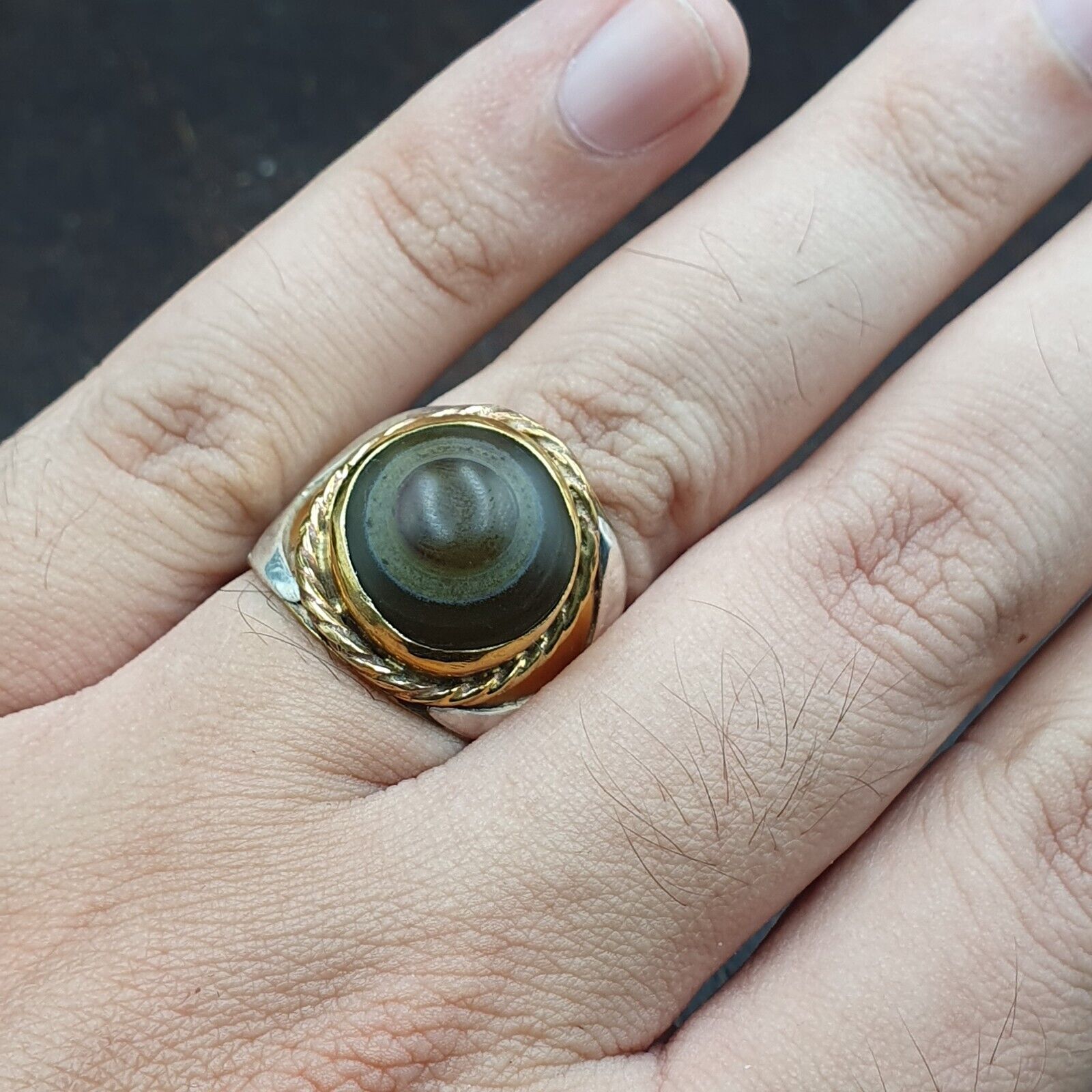 Antique Silver Inlay brass Ring With Tibetan Eye Agate Center Stone Gold Plated