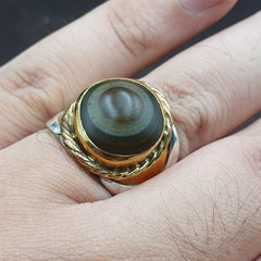 Antique Silver Inlay brass Ring With Tibetan Eye Agate Center Stone Gold Plated