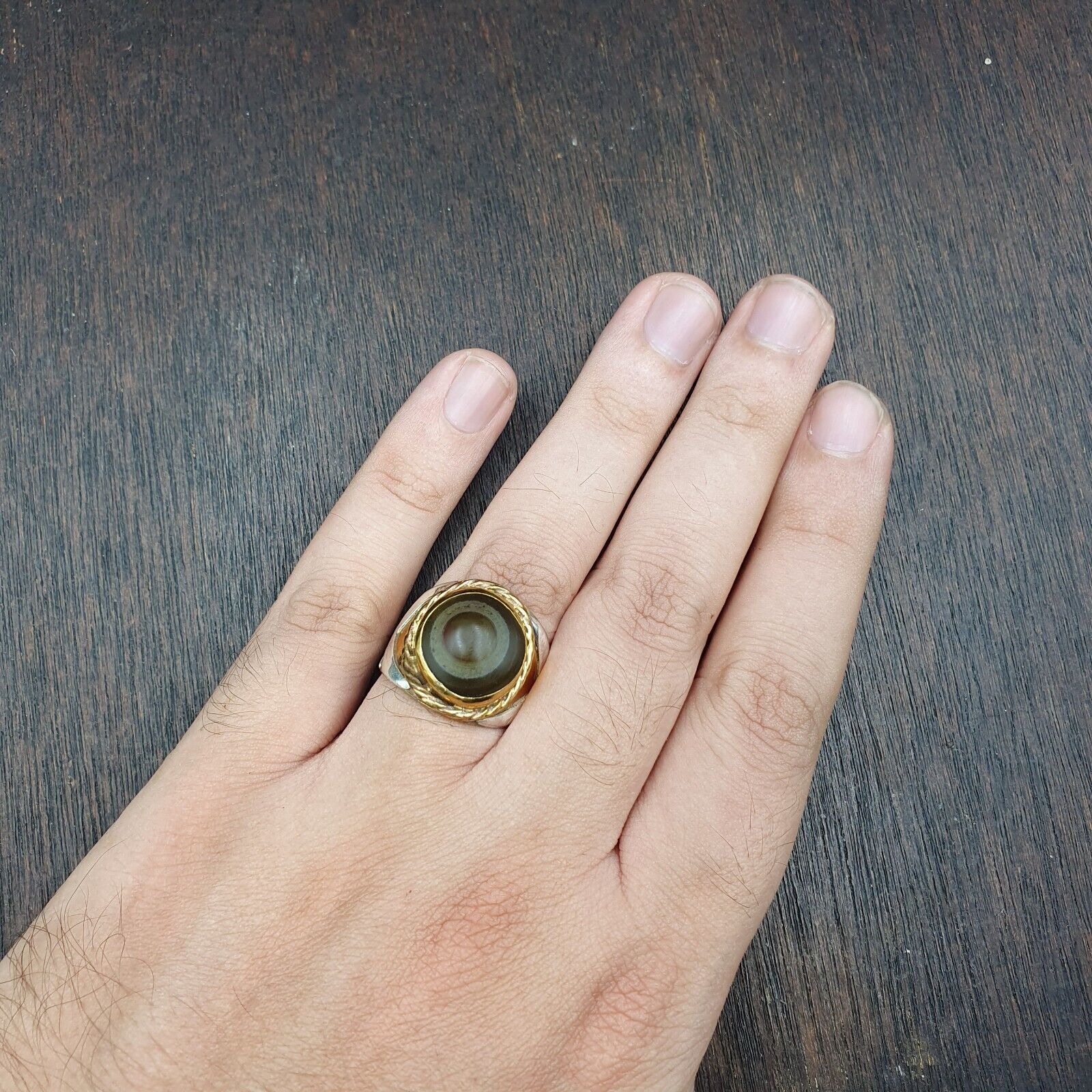 Antique Silver Inlay brass Ring With Tibetan Eye Agate Center Stone Gold Plated