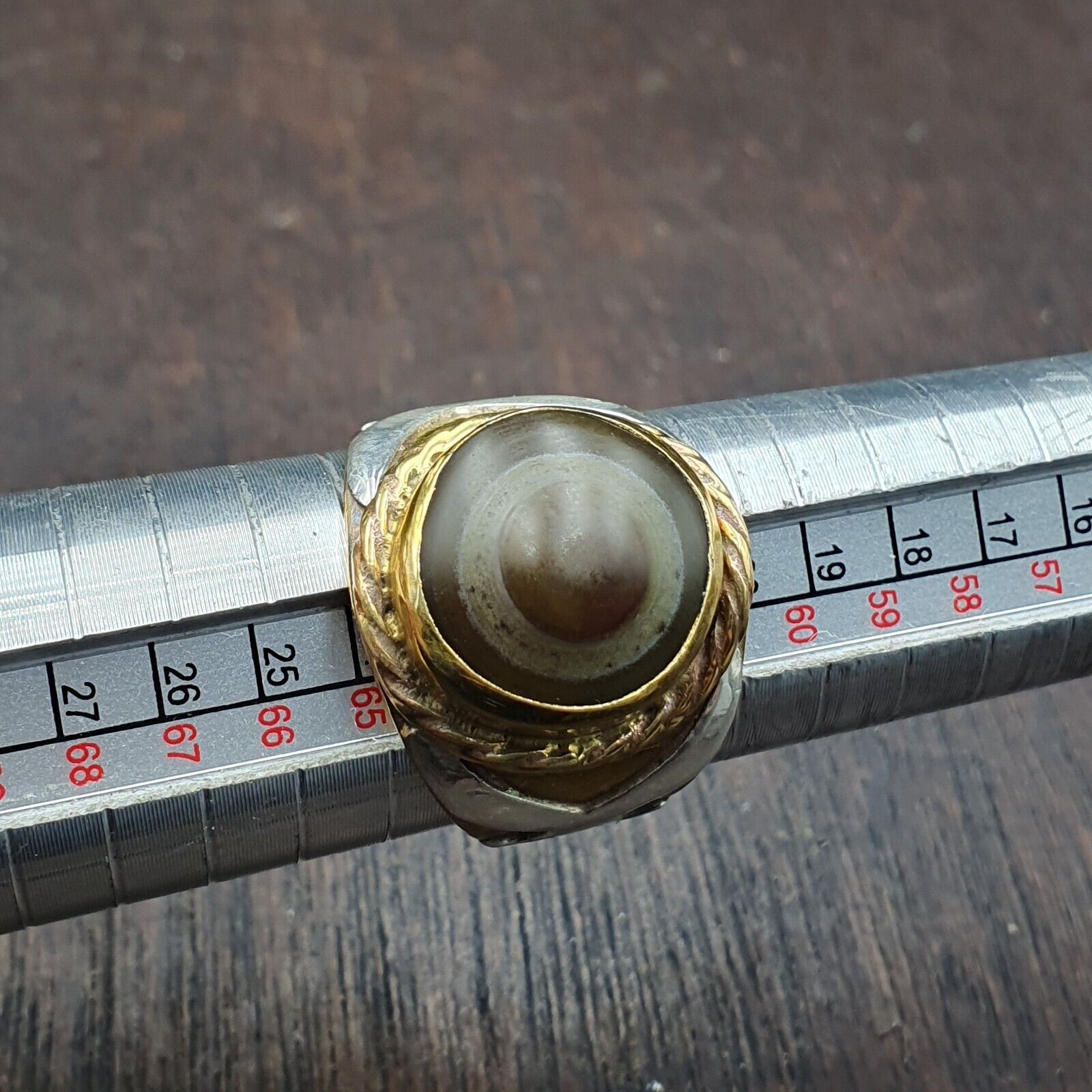 Antique Silver Inlay brass Ring With Tibetan Eye Agate Center Stone Gold Plated